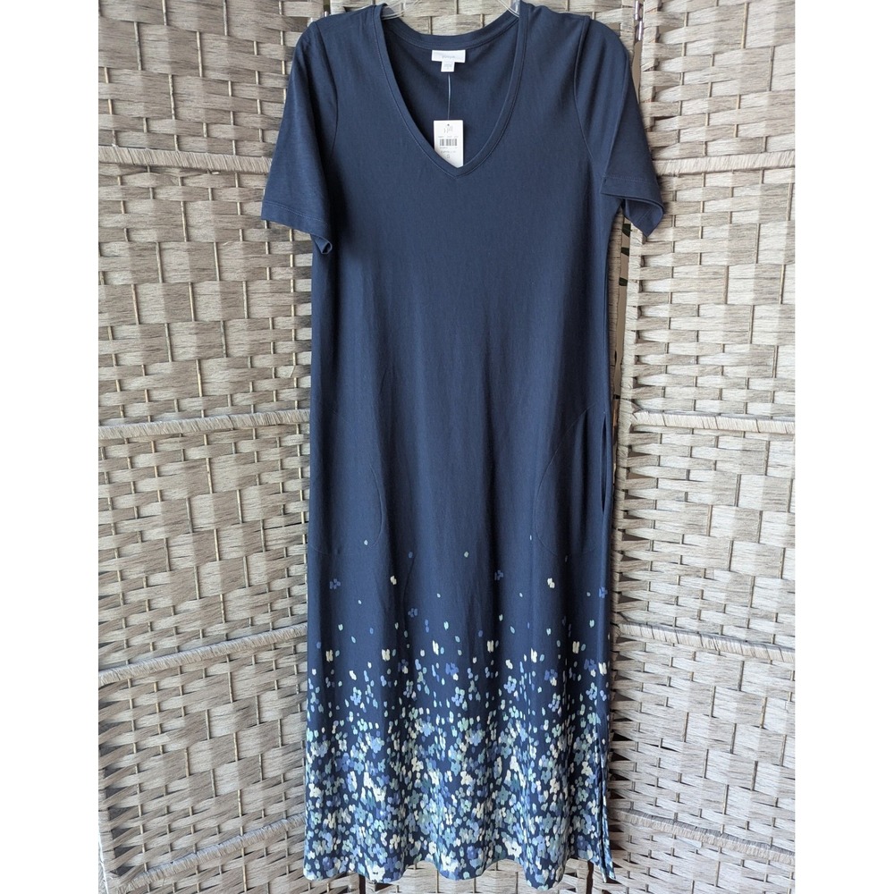 J. Jill Pure Jill Maxi Shift Dress Navy Blue Dot Print Hem V-Neck Pockets Sz S